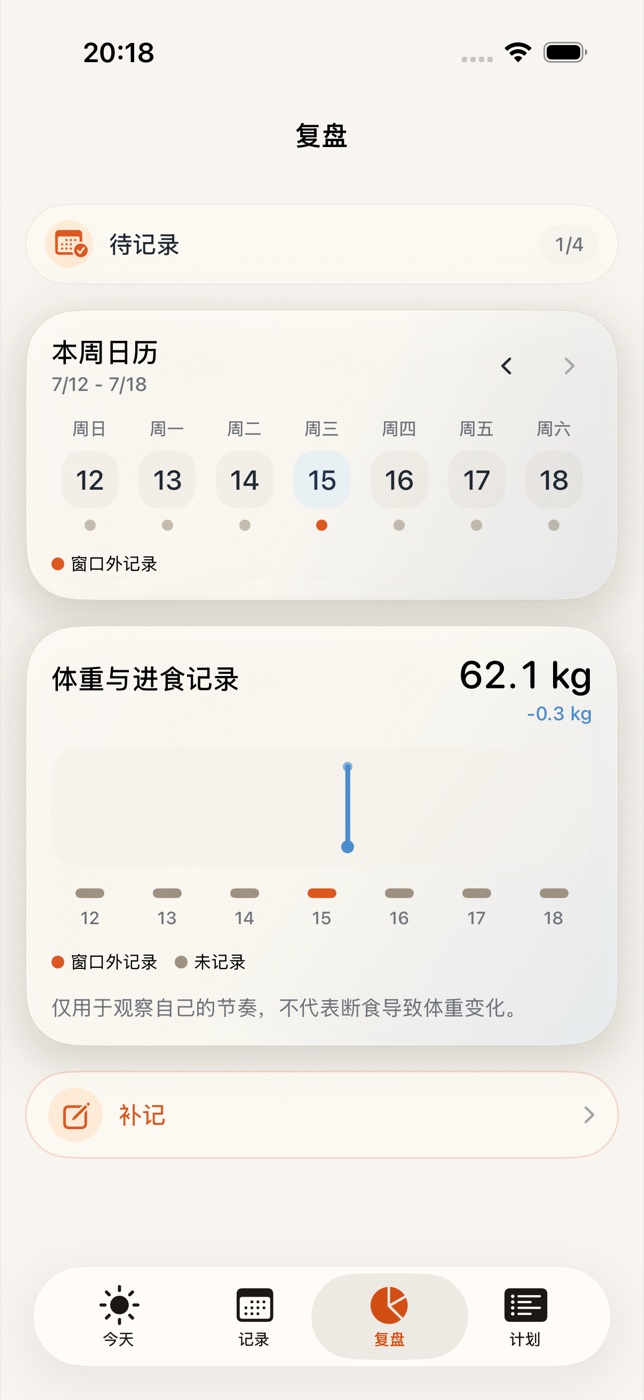 Insights 本周日历与体重趋势页面