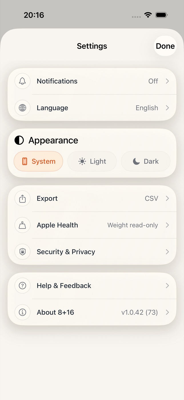 Settings 页面，展示通知、语言、外观、导出与 Apple Health